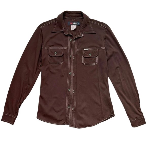 Y2K Vintage Diesel Nylon Western Top Long Sleeve Button Up Brown Pointed Collar. - Picture 6 of 7